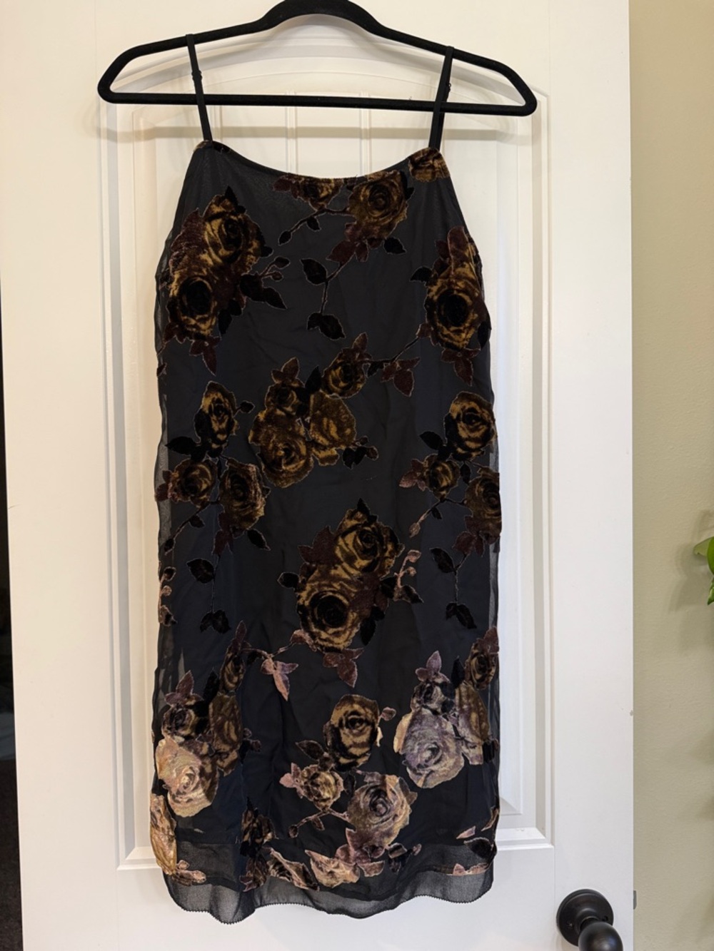 Floral Velvet Appliqué Slip Dress - Black with Brown Roses